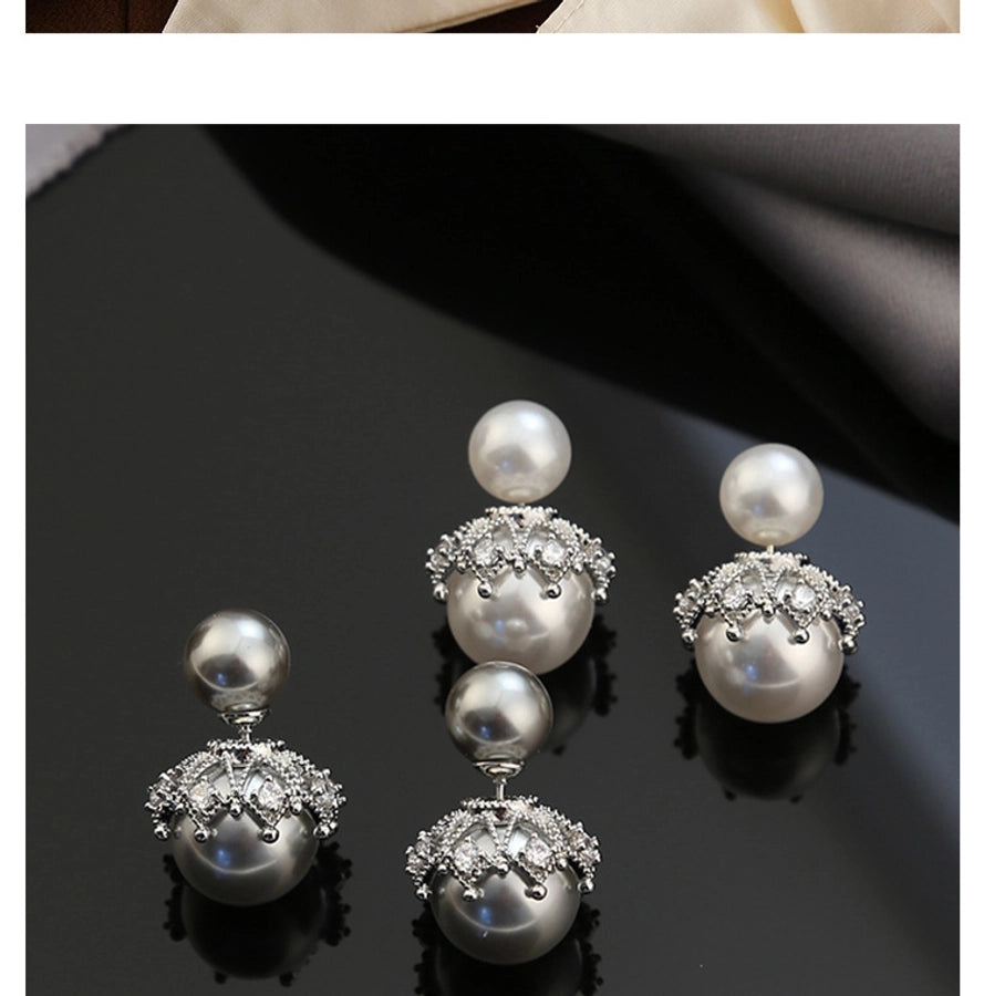 front and rear wear crown bead earrings high-grade light luxury earrings French personalized design silver needle earrings