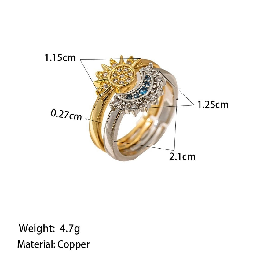 Copper 18K Gold Plated Inlay Sun Moon Artificial Rhinestones Open Rings