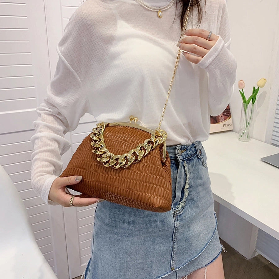 Women's Medium Pu Leather Solid Color Classic Style Sewing Thread Square Clasp Frame Crossbody Bag