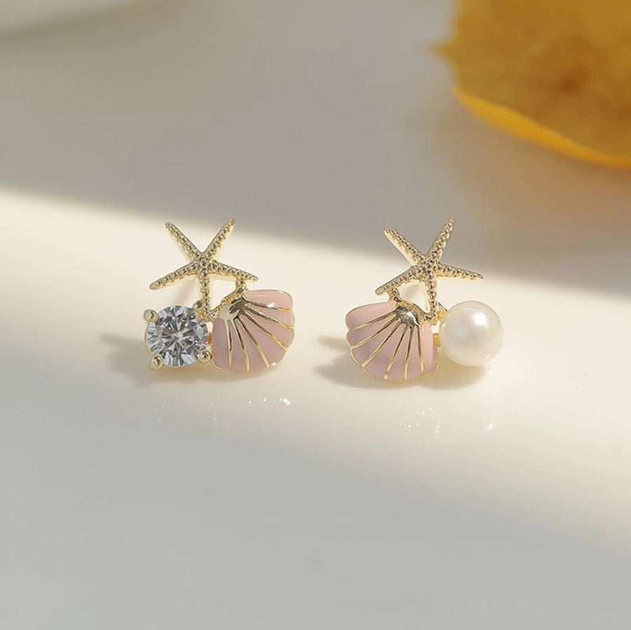 1 Pair Beach Sweet Starfish Shell Enamel Plating Inlay Alloy Pearl Zircon Gold Plated Ear Studs