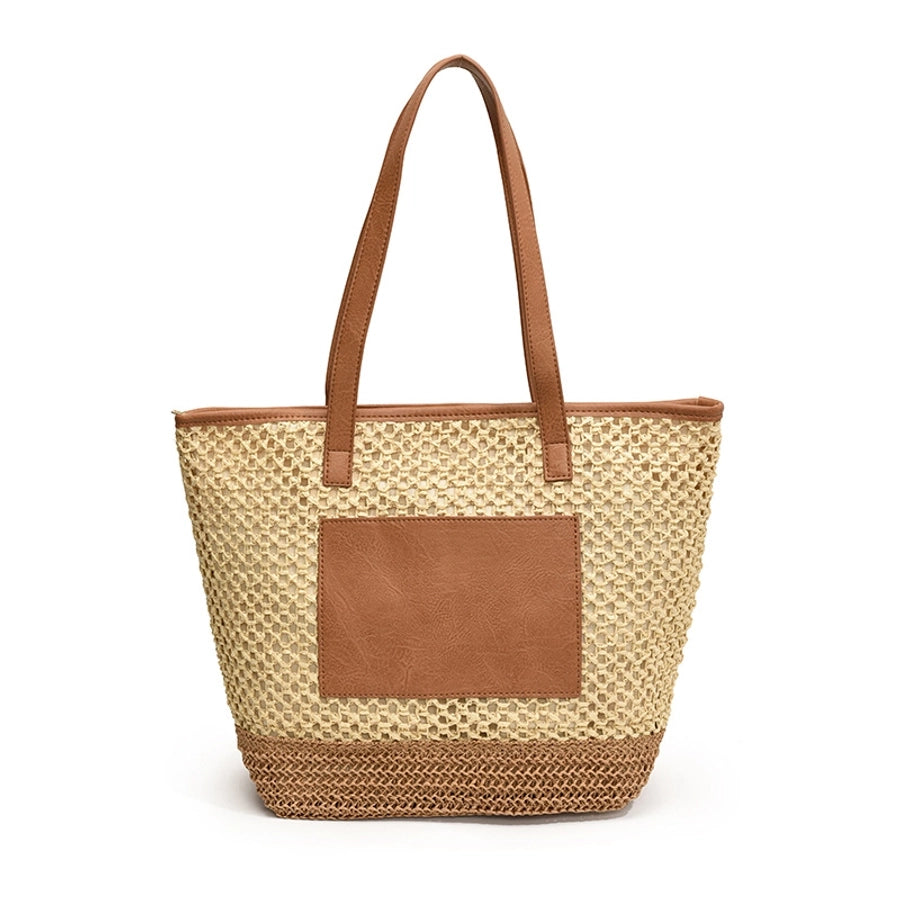 Women's Medium Straw Solid Color Basic Beach Weave Sewing Thread Square Zipper Tote Bag