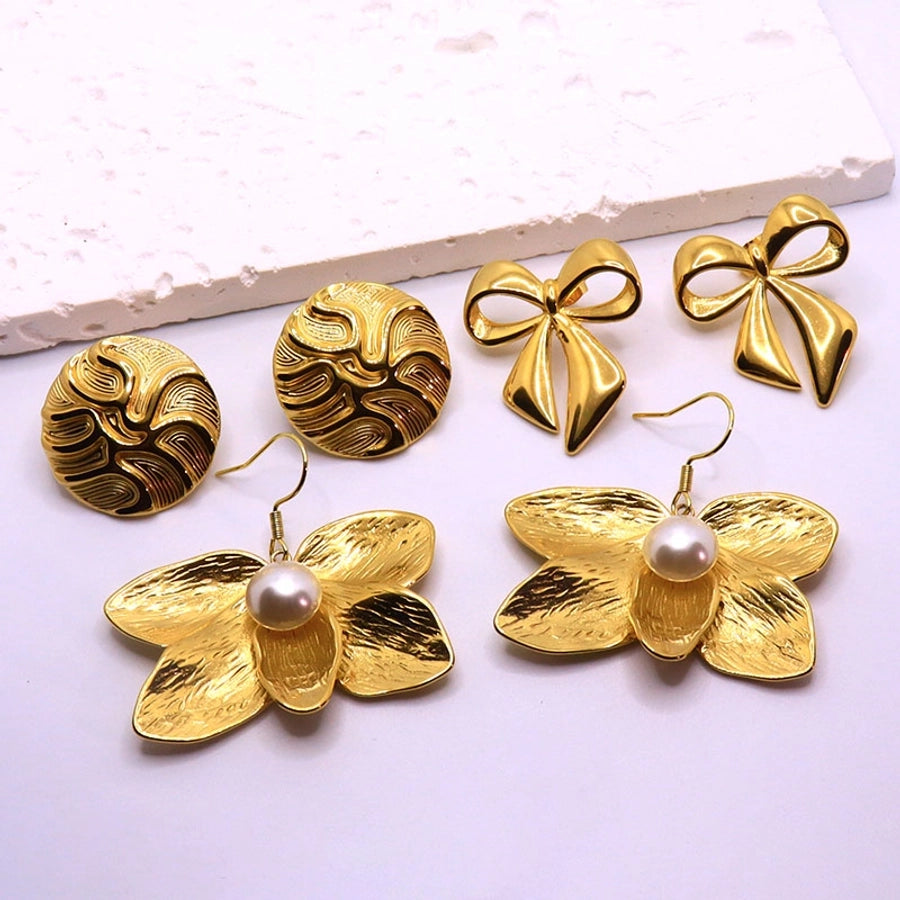 1 Pair Elegant IG Style Flower Bow Knot Inlay 304 Stainless Steel Pearl 18K Gold Plated Drop Earrings Ear Studs - CEJEW