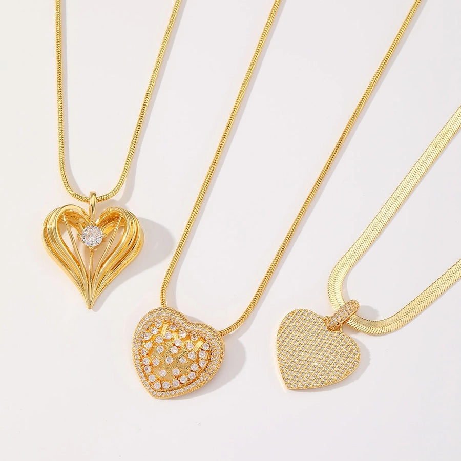 Jewelry Vintage Style Heart Shape Copper Zircon 18K Gold Plated Plating Inlay Pendant Necklace