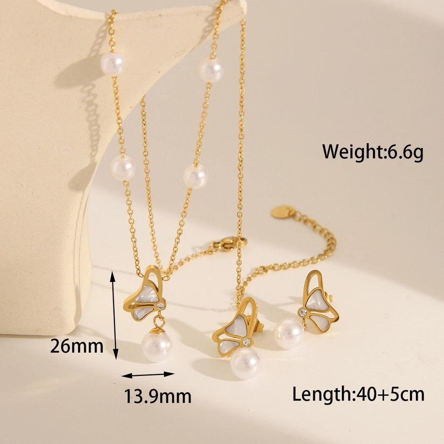 Jewelry French Style Sweet Commute Butterfly 304 Stainless Steel Artificial Pearls 18K Gold Plated Stainless Steel Jewelry Sets