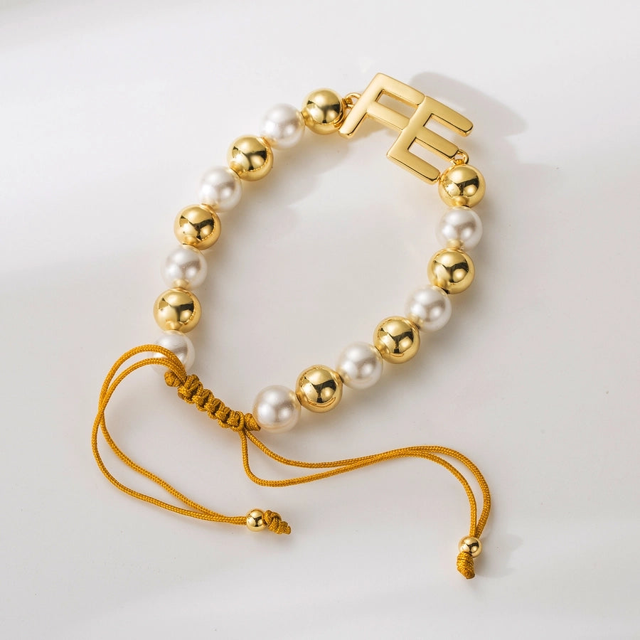 Copper 18K Gold Plated Beaded Letter Solid Color Bracelets - CEJEW