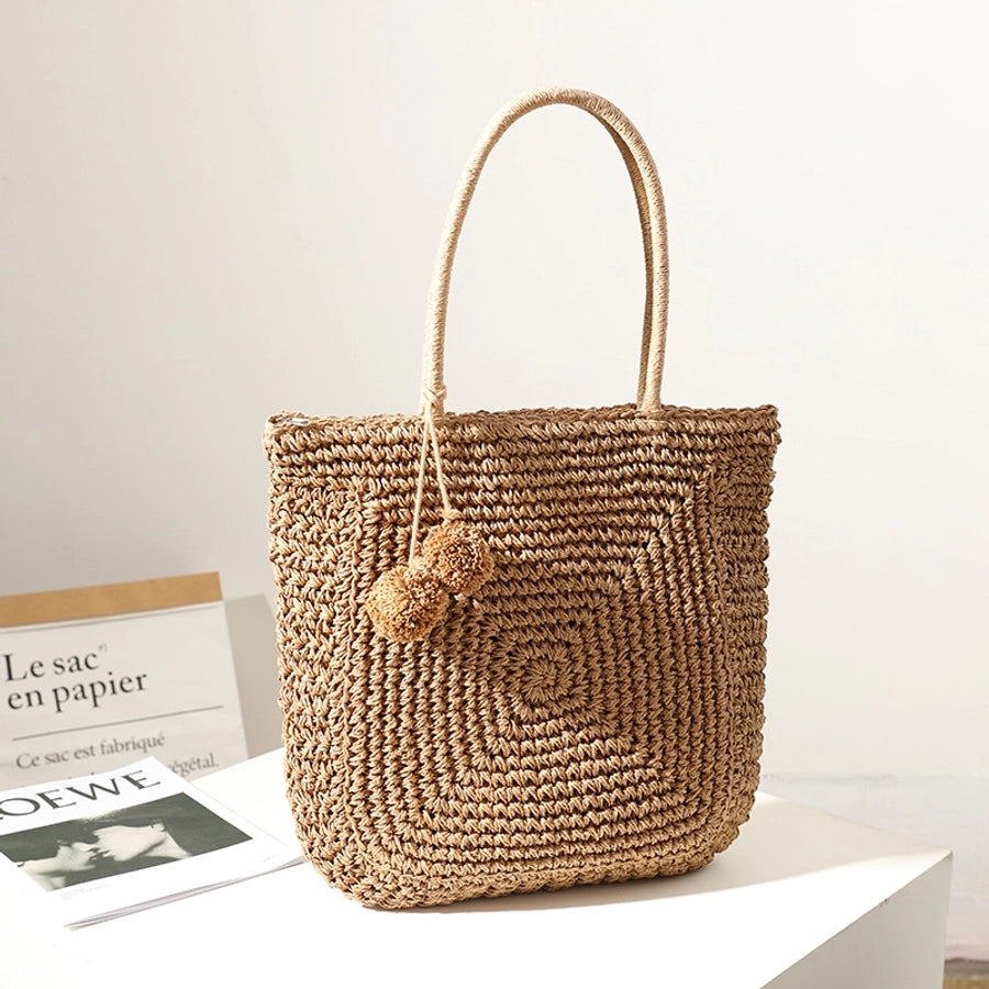 Women's Medium Straw Solid Color Classic Style Weave Square Zipper Straw Bag