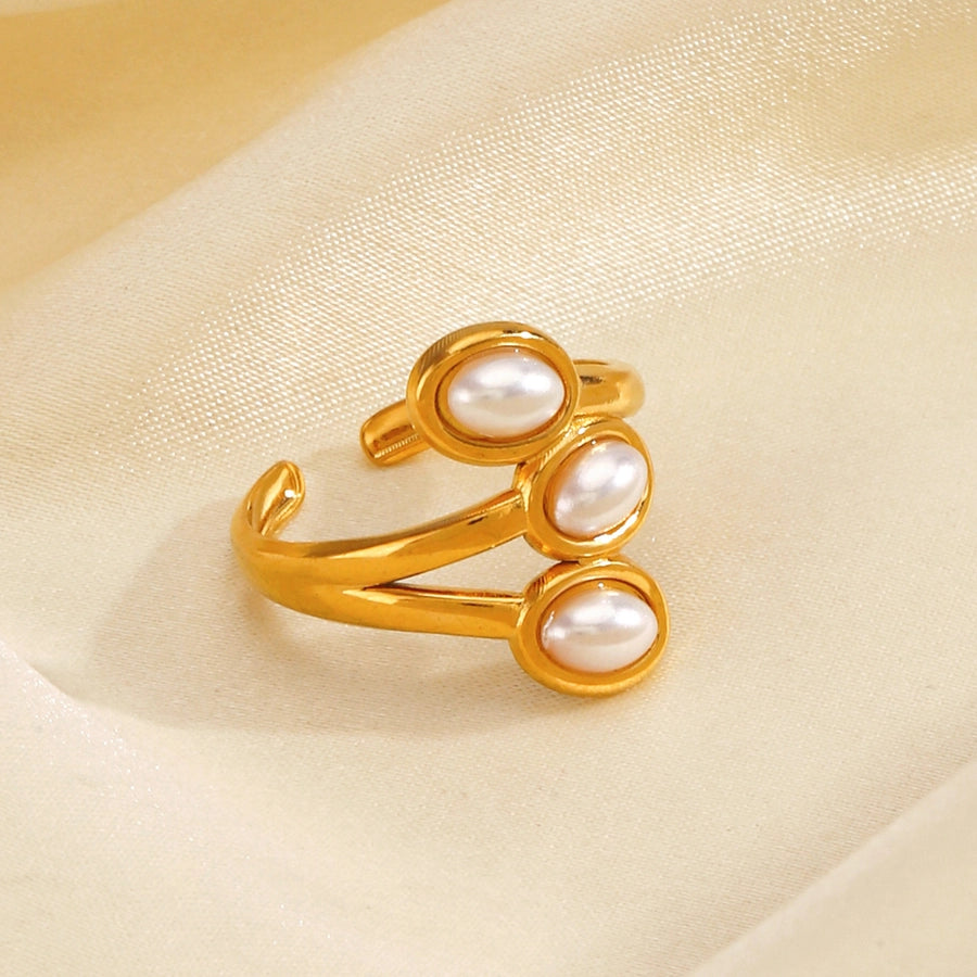 Jewelry Vintage Style Geometric 304 Stainless Steel Artificial Pearls 18K Gold Plated Inlay Open Rings