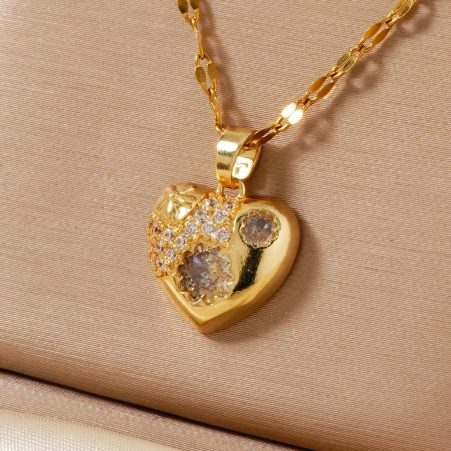 Jewelry Elegant Cute Lady Heart Shape 304 Stainless Steel Copper Zircon K Gold Plated Rhodium Plated Inlay Pendant Necklace