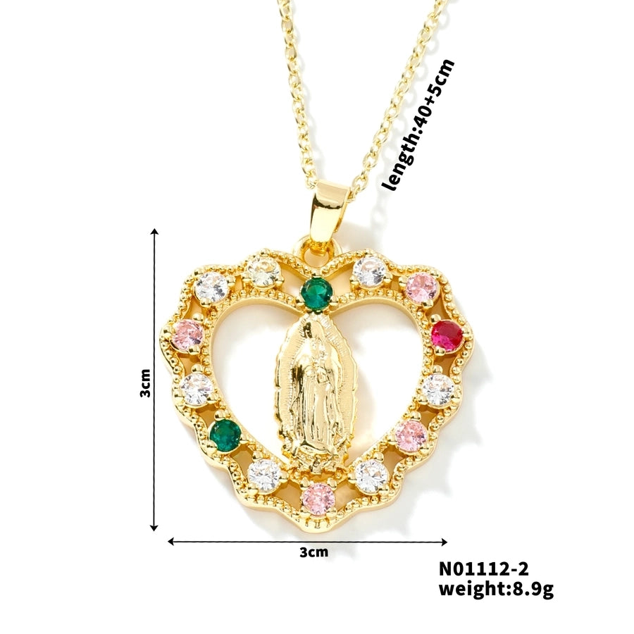 Jewelry Vintage Style Classic Style Geometric Round Virgin Mary 304 Stainless Steel Copper Zircon K Gold Plated Inlay Pendant Necklace - CEJEW