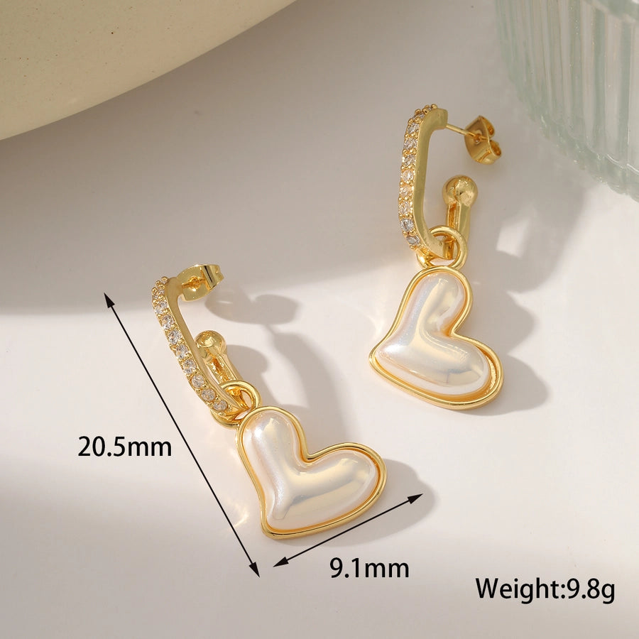 1 Pair Elegant Heart Shape Plating Inlay Copper Imitation Pearl Zircon 18K Gold Plated Drop Earrings Ear Studs