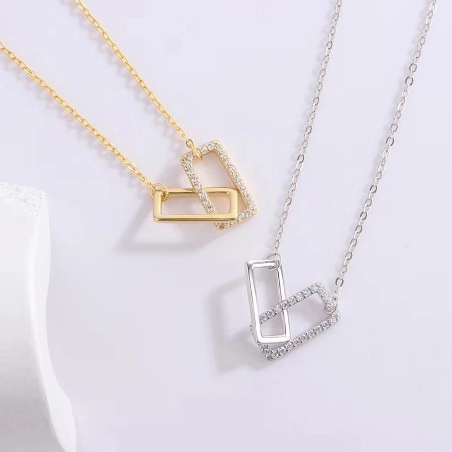 925 Sterling Silver Artificial Rhinestones cable chain Plating Inlay Geometric Pendant Necklace