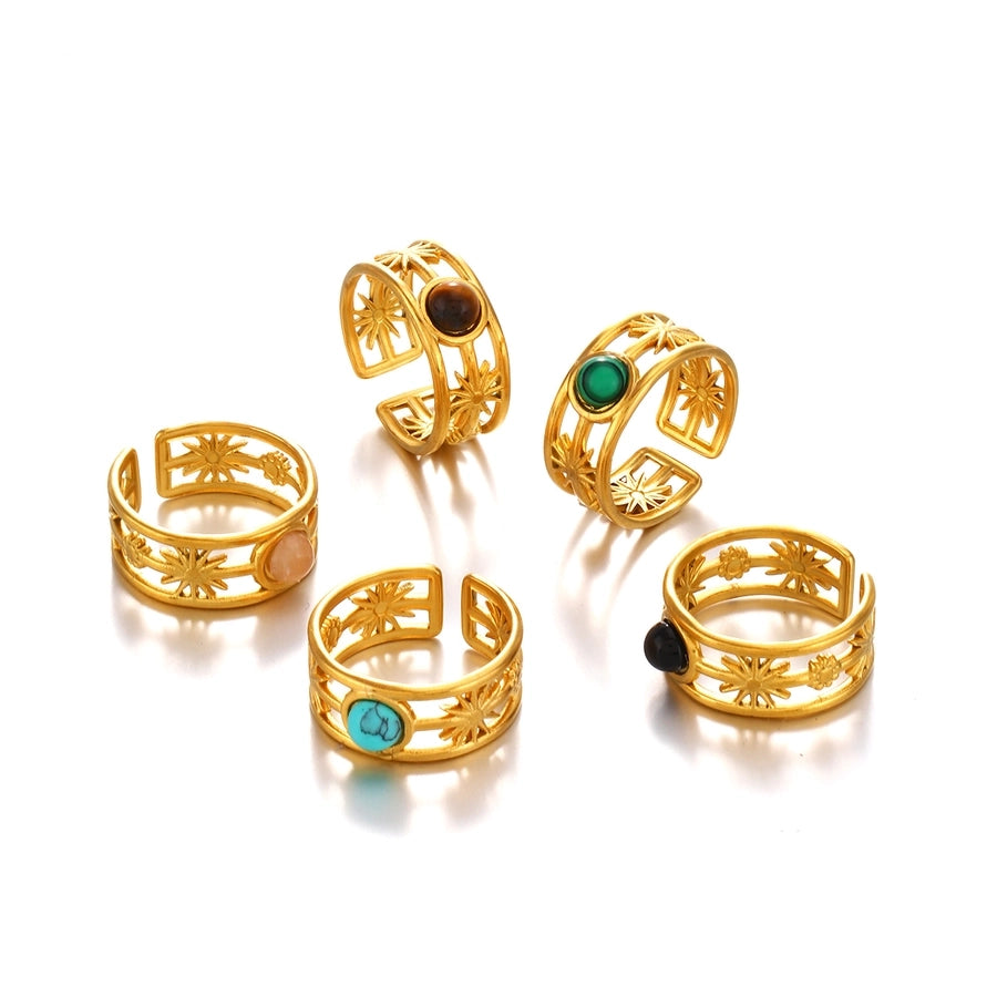 Jewelry IG Style Simple Style Round 304 Stainless Steel Malachite Turquoise Tiger Eye 18K Gold Plated Plating Inlay Open Rings