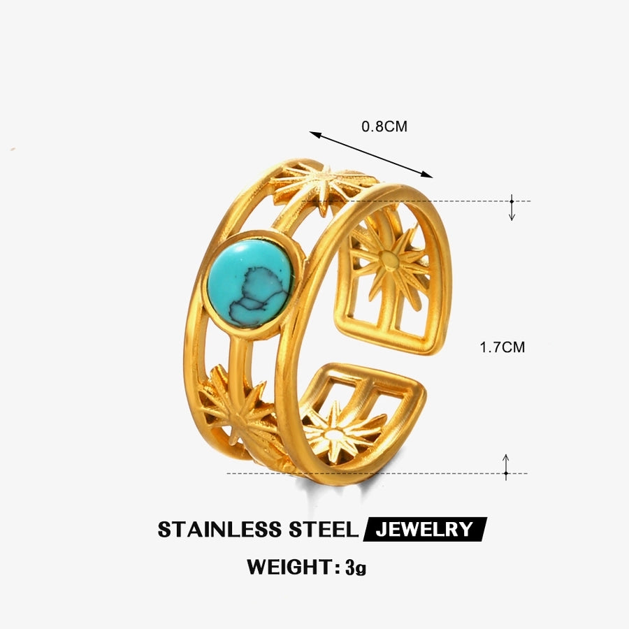 Jewelry IG Style Simple Style Round 304 Stainless Steel Malachite Turquoise Tiger Eye 18K Gold Plated Plating Inlay Open Rings