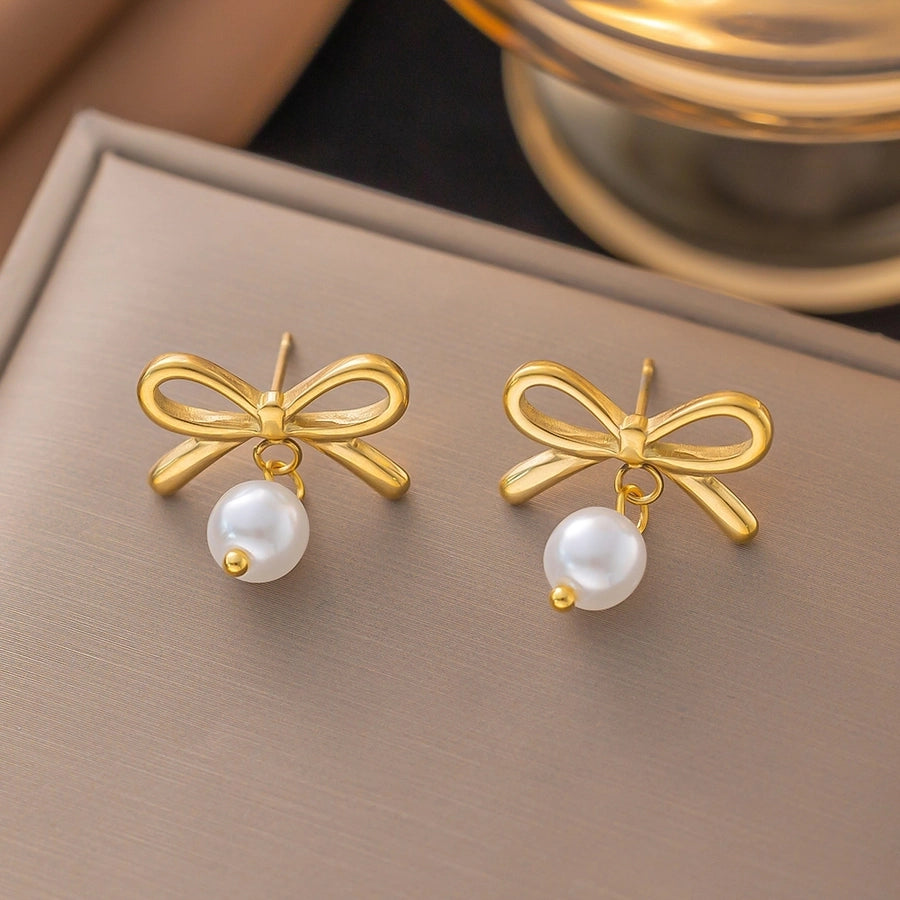 1 Pair Simple Style Bow Knot Shell Polishing Plating Inlay 304 Stainless Steel Pearl 18K Gold Plated Earrings Ear Studs