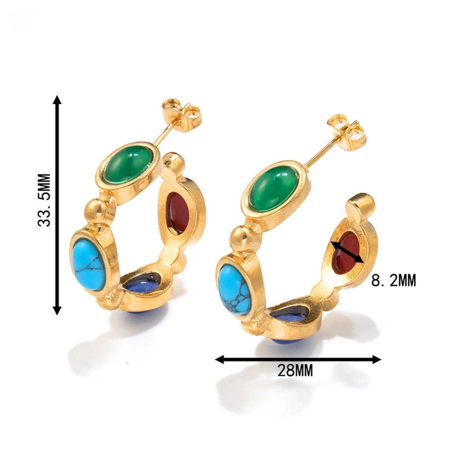 1 Pair Retro C Shape Oval Inlay Titanium Steel Turquoise 18K Gold Plated Ear Studs