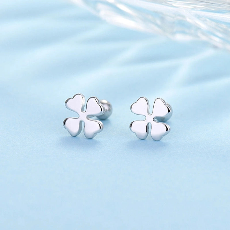 S925 silver anti-lost earrings love four-leaf clover round earrings stainless steel screw to prevent falling off without picking ear holes