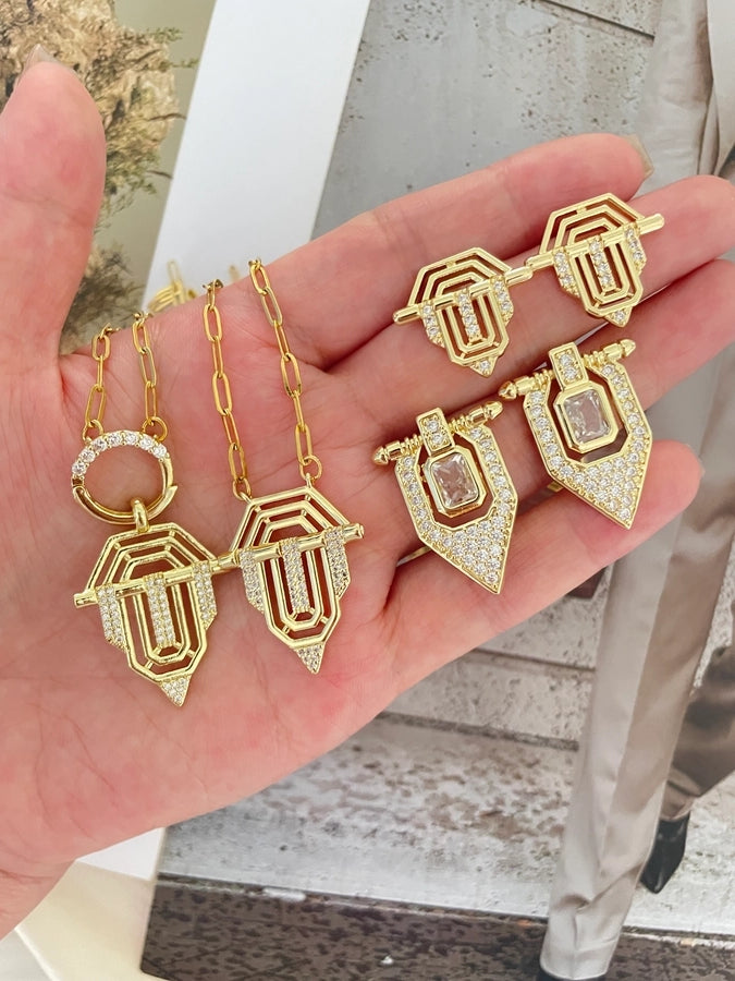 Copper 18K Gold Plated Geometric Zircon Jewelry Set