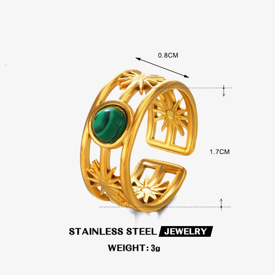 Jewelry IG Style Simple Style Round 304 Stainless Steel Malachite Turquoise Tiger Eye 18K Gold Plated Plating Inlay Open Rings