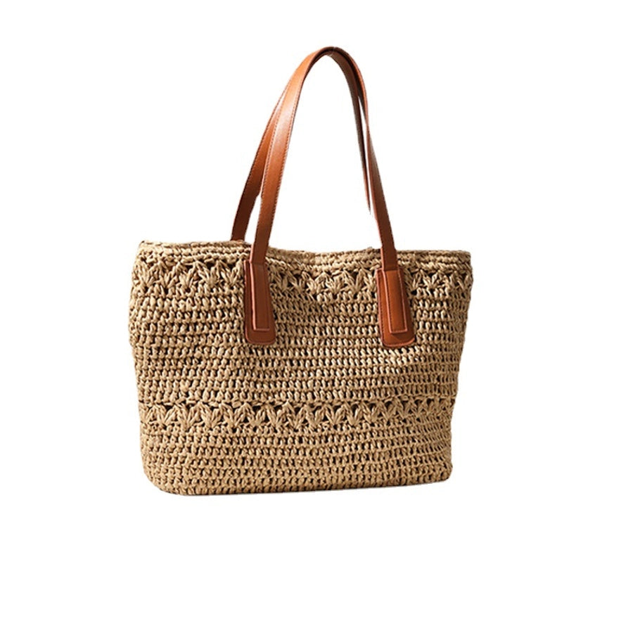 Women's Straw Solid Color Vacation Weave Square Zipper Tote Bag