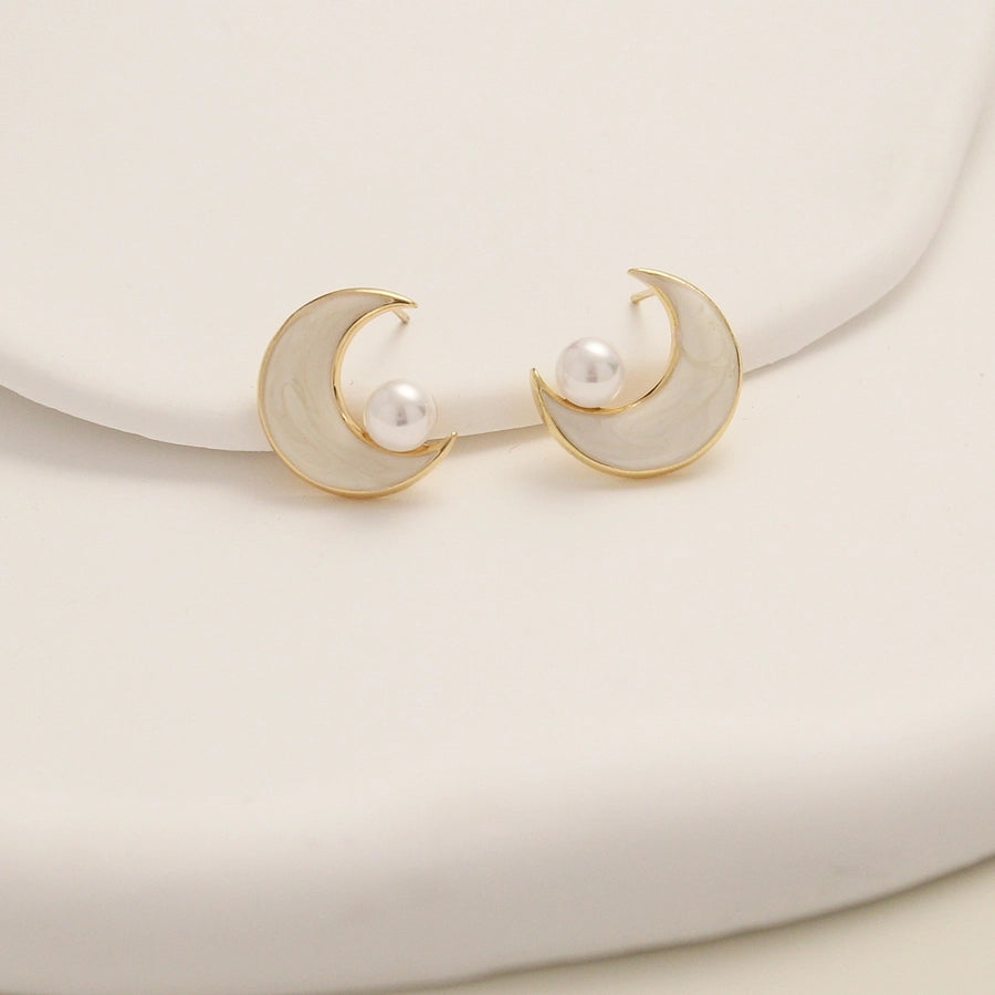 1 Pair Elegant Simple Style Star Moon Solid Color Inlay Copper Pearl Zircon 18K Gold Plated Drop Earrings Ear Studs