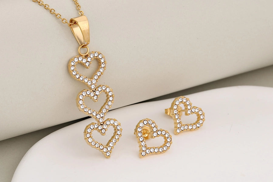 Jewelry Luxurious Shiny Korean Style Circle Heart Shape 304 Stainless Steel Rhinestones 18K Gold Plated Polishing Plating Inlay Jewelry Set