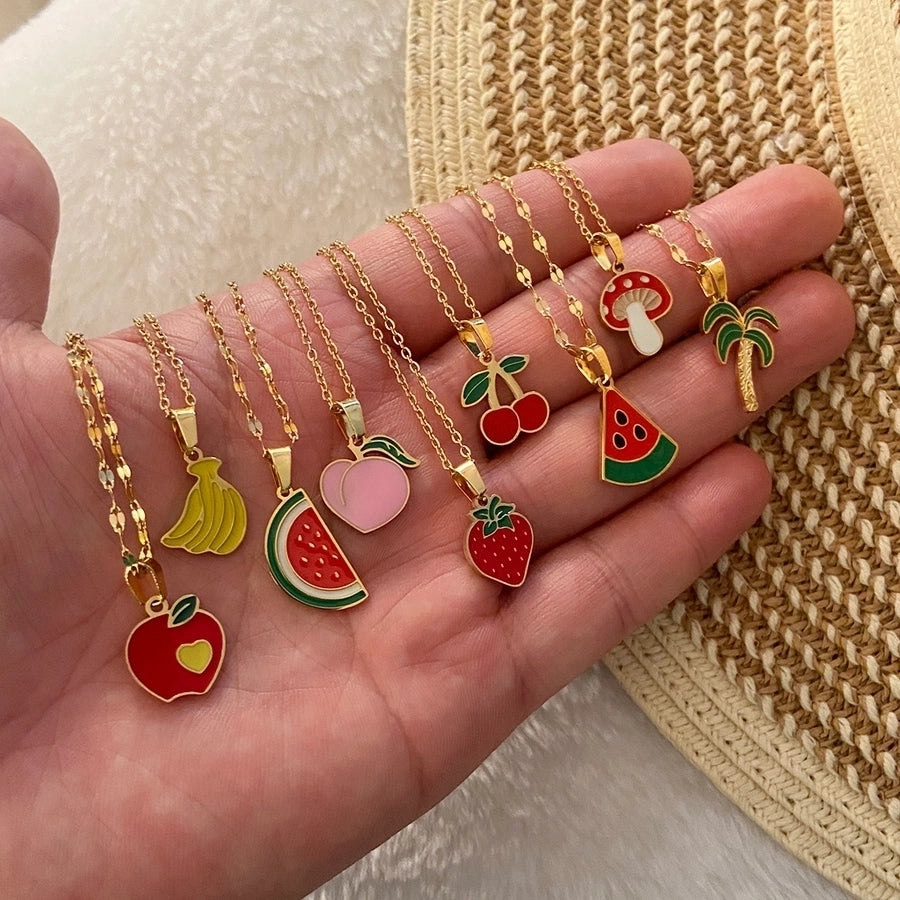 Jewelry Casual Elegant Lady Cherry Strawberry Watermelon 304 Stainless Steel 18K Gold Plated Pendant Necklace