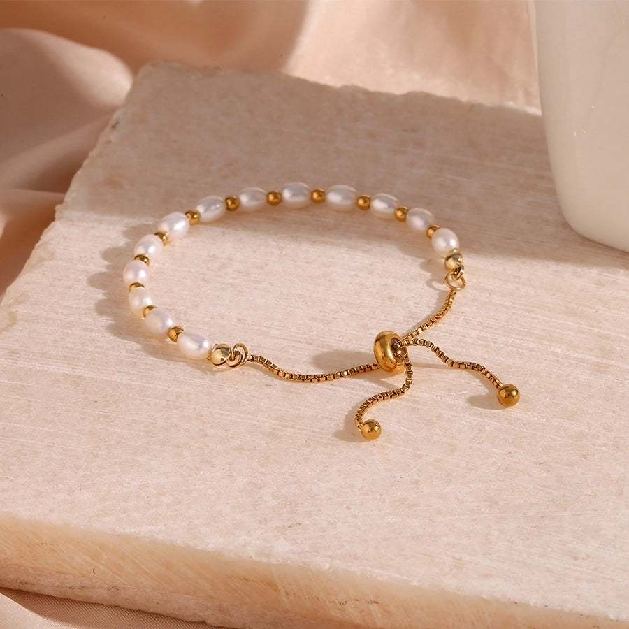 304 Stainless Steel Freshwater Pearl 18K Gold Plated Basic Simple Style Classic Style Plating Round Bracelets - CEJEW