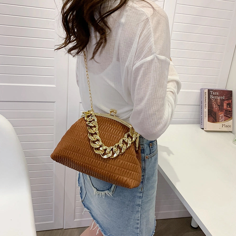 Women's Medium Pu Leather Solid Color Classic Style Sewing Thread Square Clasp Frame Crossbody Bag