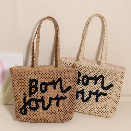 Women's Straw Letter Vacation Embroidery Weave Square Zipper Tote Bag