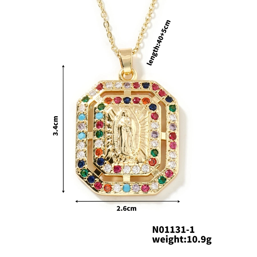 Jewelry Vintage Style Classic Style Geometric Round Virgin Mary 304 Stainless Steel Copper Zircon K Gold Plated Inlay Pendant Necklace - CEJEW