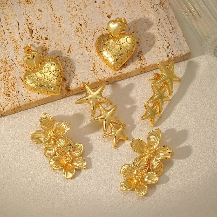 1 Pair Classical Star Heart Shape Flower Plating Copper 18K Gold Plated Ear Studs