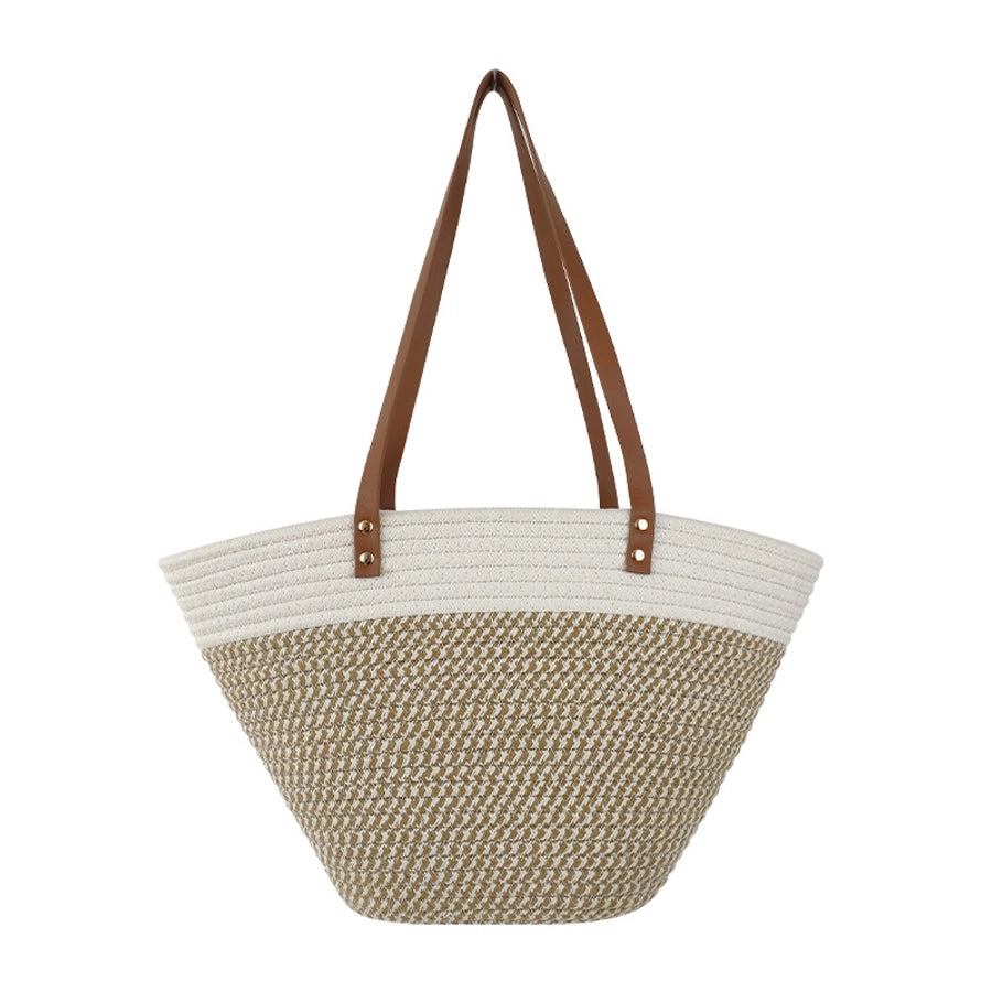 Women's Large Cotton Color Block Vacation Beach Weave Bucket Open Tote Bag