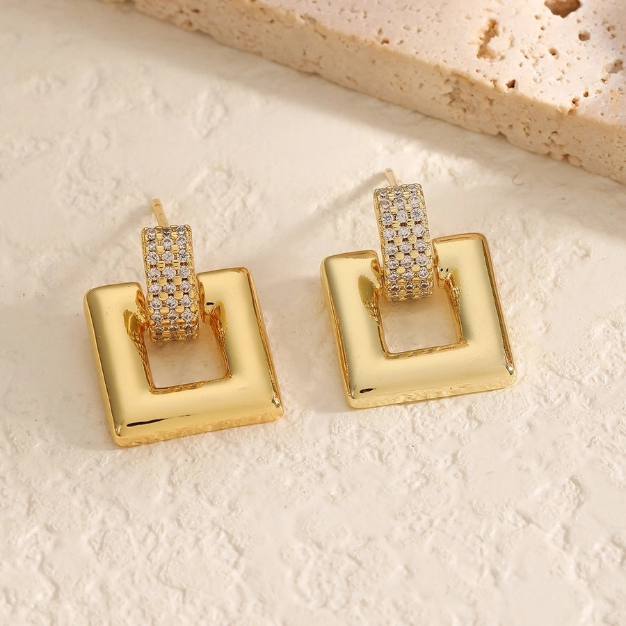 1 Pair Elegant Luxurious Round Square Copper Zircon 18K Gold Plated Drop Earrings