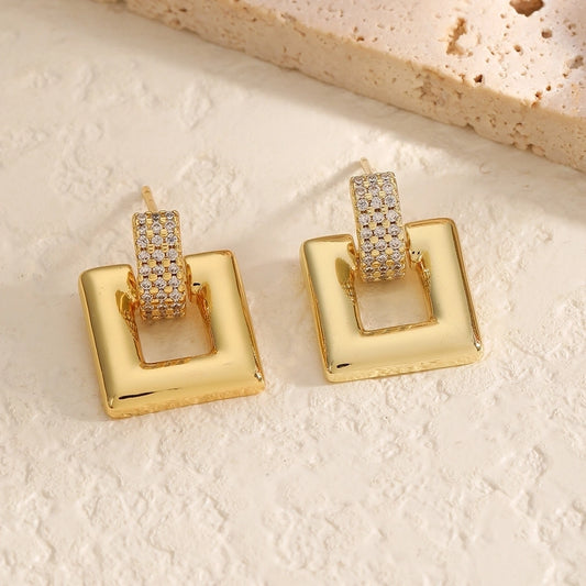 1 Pair Elegant Luxurious Round Square Copper Zircon 18K Gold Plated Drop Earrings