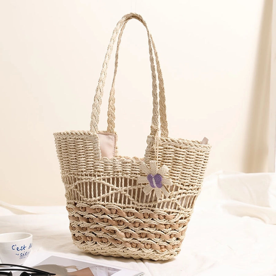 Women's Straw Flower Vacation Weave Hollow Bucket Zipper Tote Bag