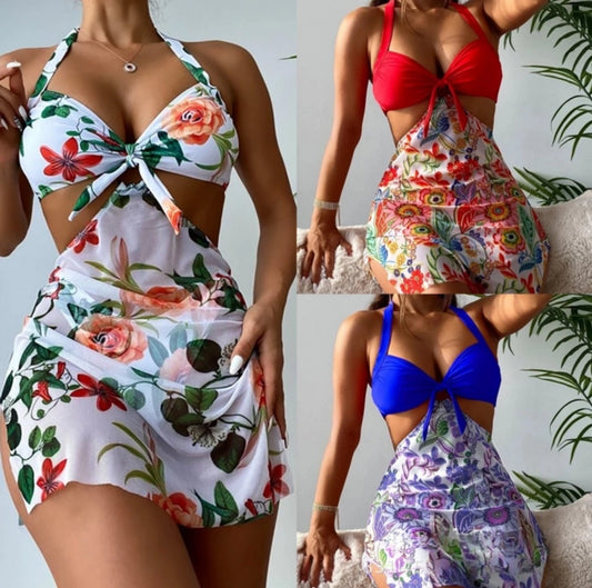 Women's Vacation Classic Style Flower 3 Pieces Set Bikinis Swimwear