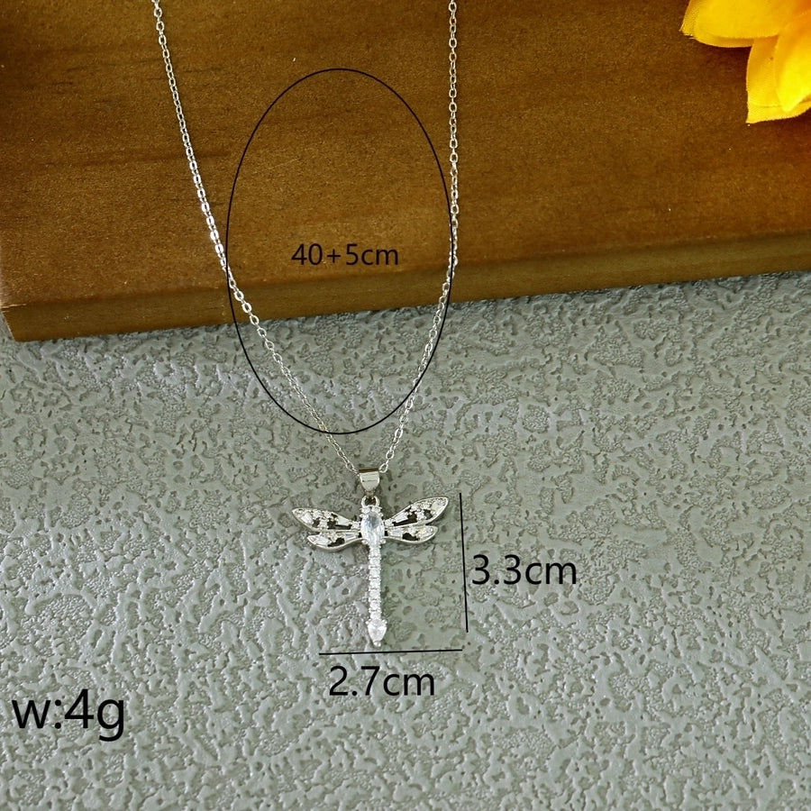 Jewelry Casual Cute Commute Heart Shape Dragonfly Whale 304 Stainless Steel Zircon 14K Gold Plated Inlay Pendant Necklace