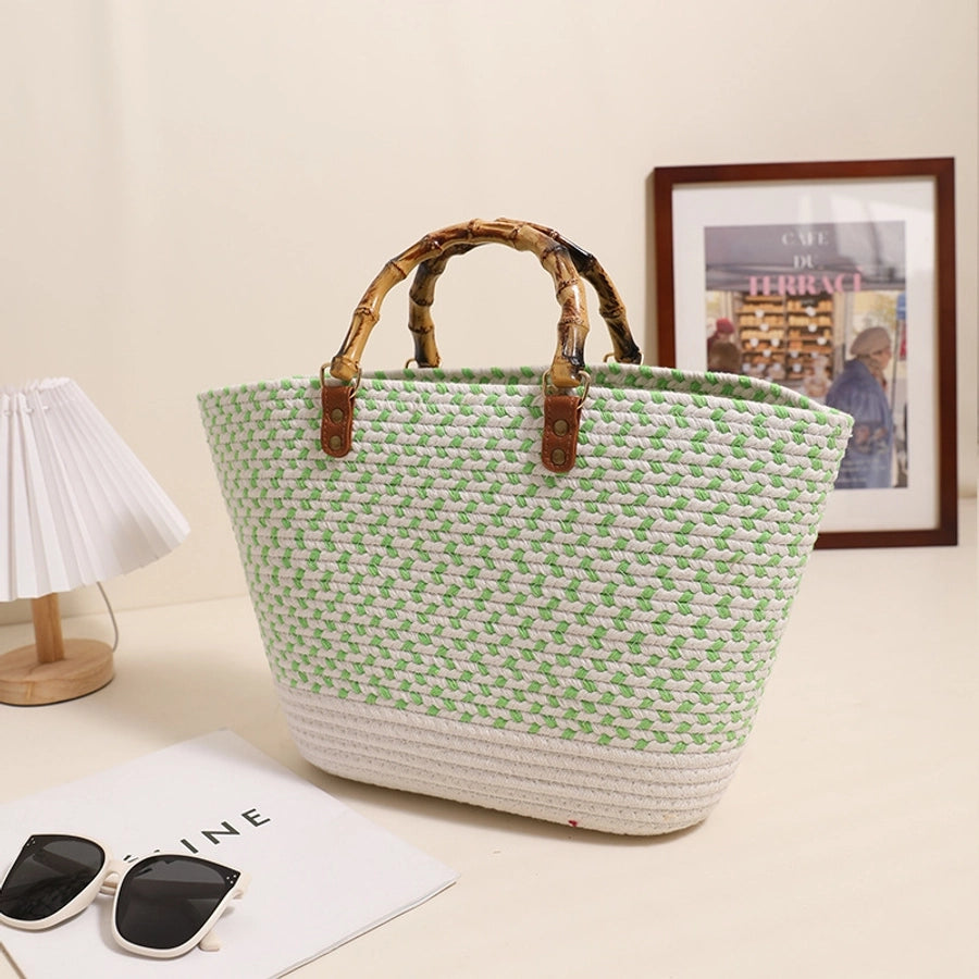 Women's Cotton Splicing Vacation Weave Shell Open Handbag