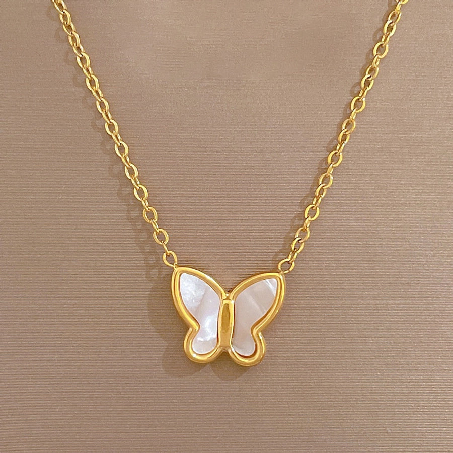 fashion butterfly titanium steel inlay shell necklace - CEJEW