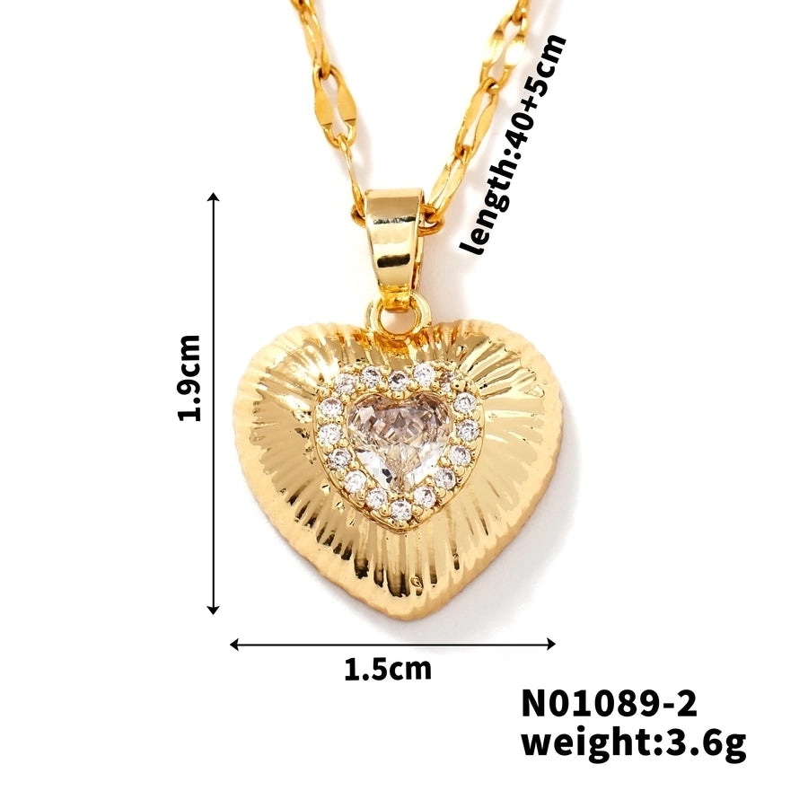 Jewelry Classic Style Heart Shape 304 Stainless Steel Copper Zircon K Gold Plated Rhodium Plated Inlay Pendant Necklace