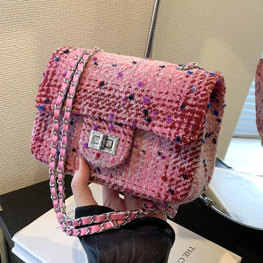 Women's Small cotton and linen Multicolor Streetwear Weave Square Lock clasp Crossbody Bag