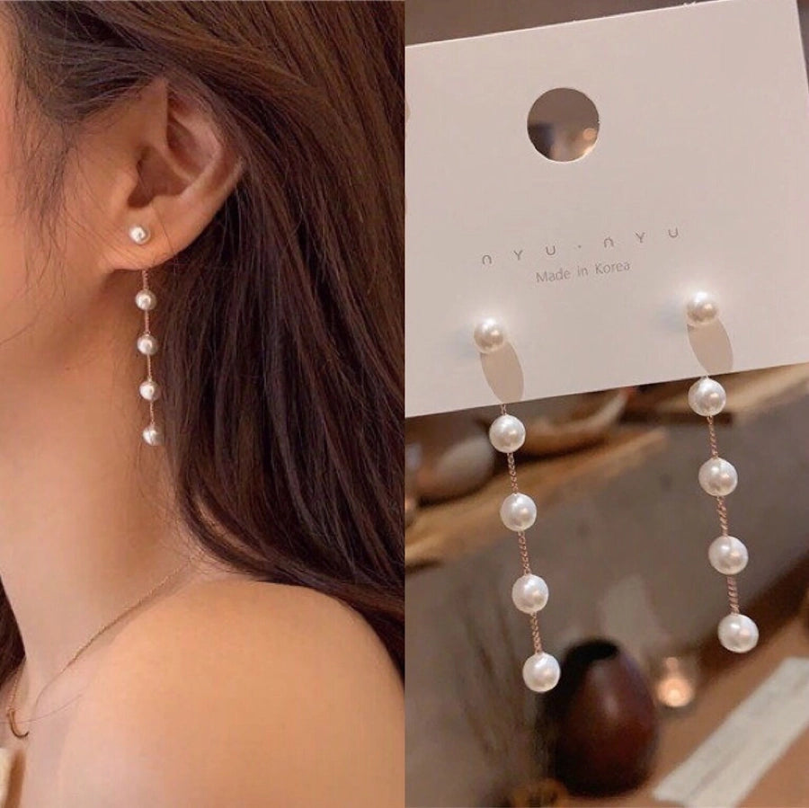 1 pair elegant classic style round beaded chain inlay alloy pearl drop earrings