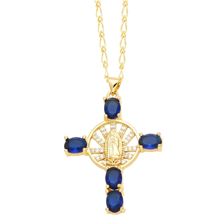 retro novelty cross virgin mary copper plating inlay zircon 18k gold plated pendant necklace