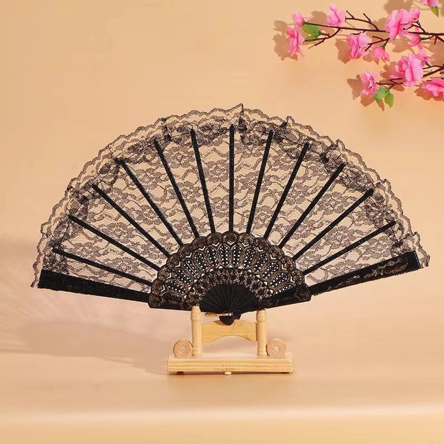 Classic Lolita Lace Fan Cheongsam Show Photo Folding Fan Dark System Lace Home Daily Use