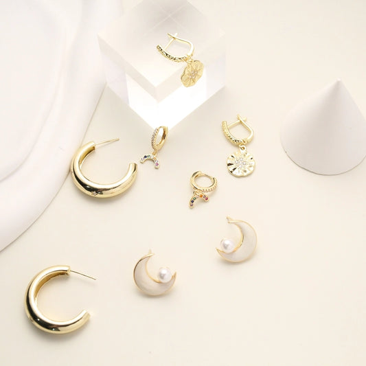 1 Pair Elegant Simple Style Star Moon Solid Color Inlay Copper Pearl Zircon 18K Gold Plated Drop Earrings Ear Studs