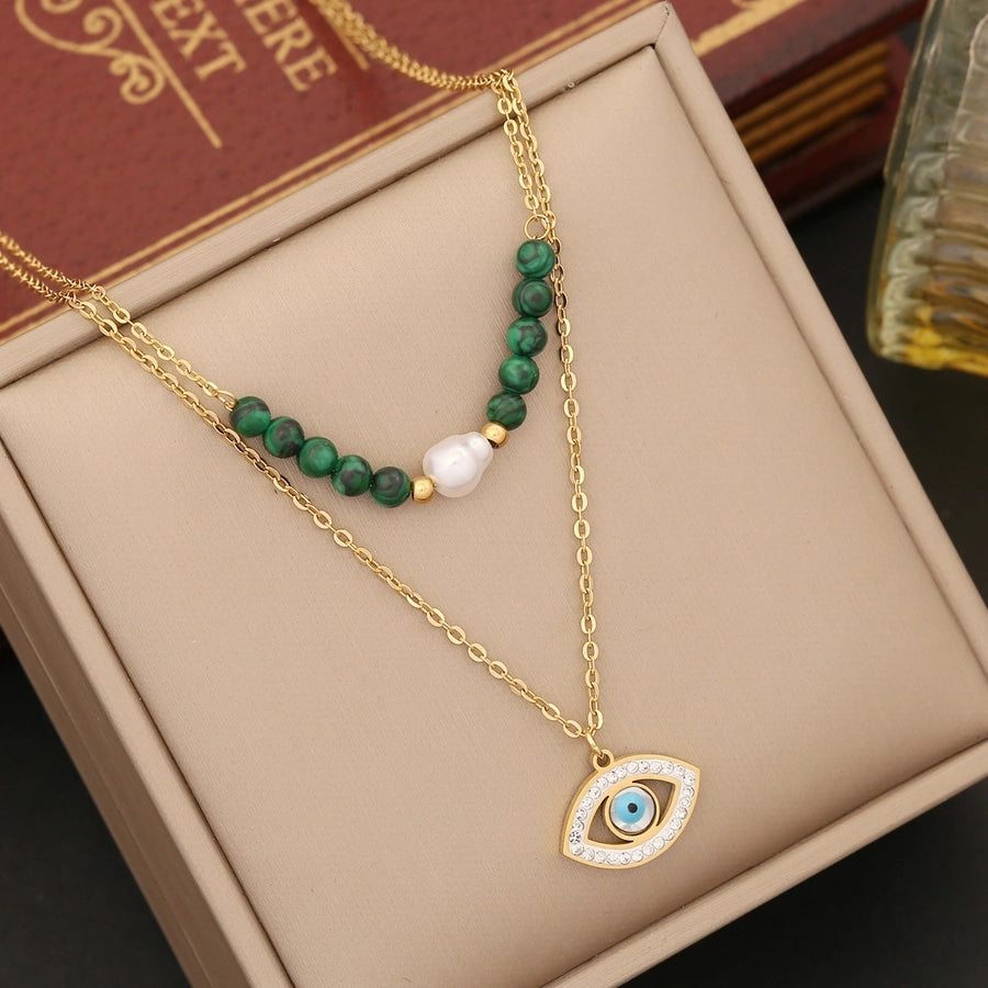 Retro Tree Heart Shape Eye Stainless Steel Malachite Inlay 18K Gold Plated Artificial Diamond Pearl Layered Necklaces