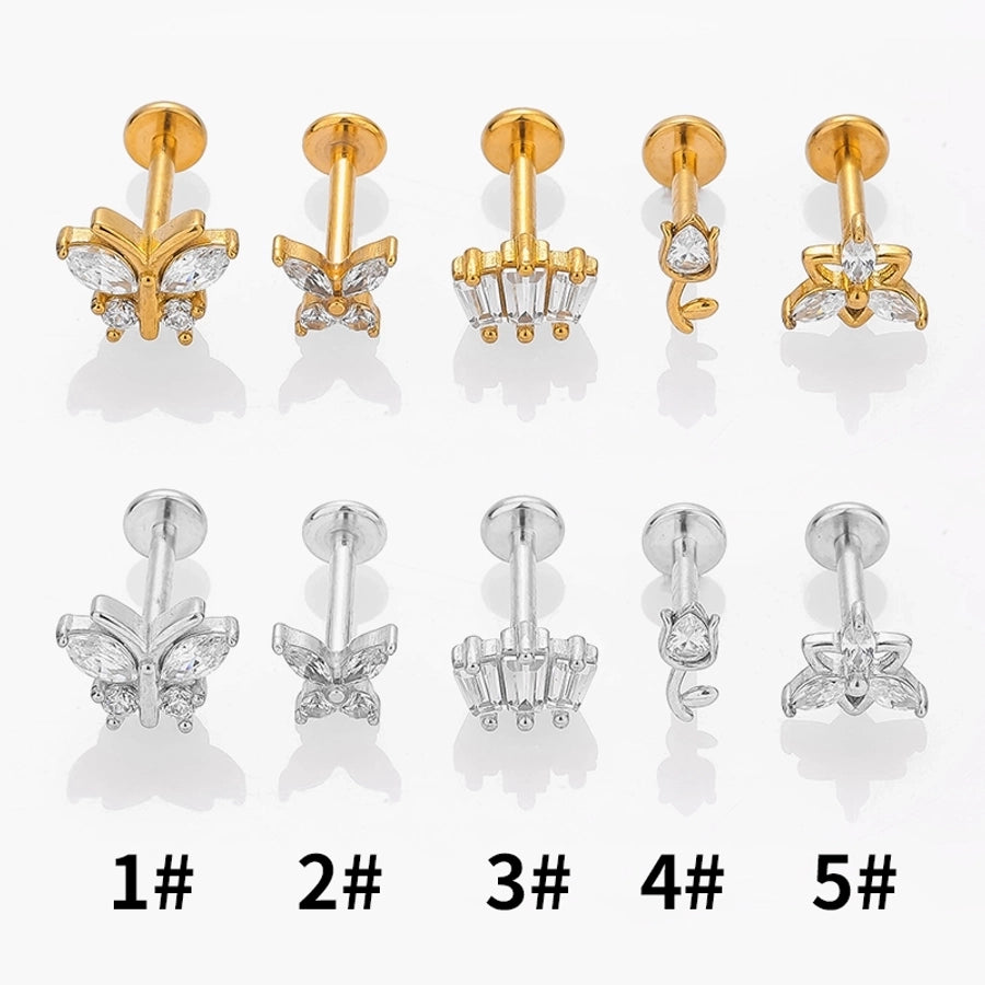 1 Piece Lip Rings Simple Style Commute Rose Crown Butterfly 316L Stainless Steel  Plating Zircon 18K Gold Plated Lip Rings Ear Cartilage Rings & Studs Nose Rings & Studs