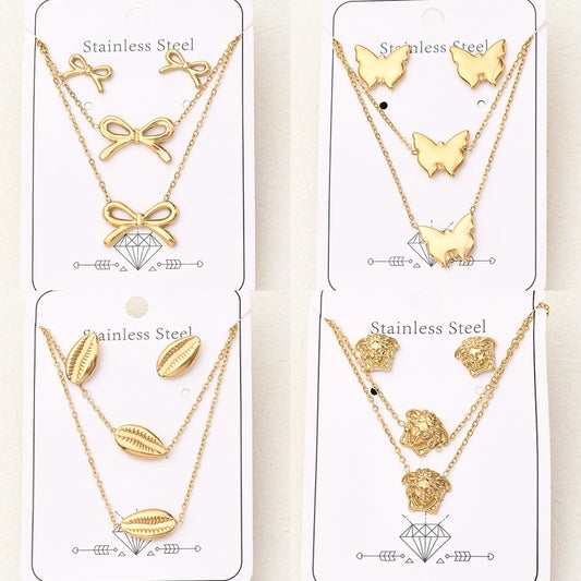 Jewelry Casual Basic Vacation Butterfly Bow Knot Shell 304 Stainless Steel 18K Gold Plated Handmade Polishing Plating Jewelry Set