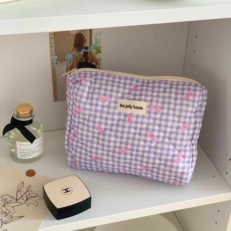 Elegant Streetwear Plaid Canvas Square Makeup Bags