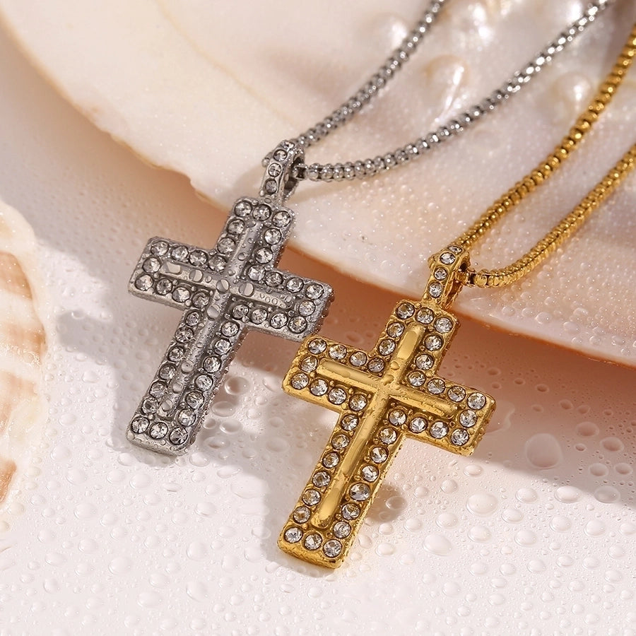 Jewelry Casual IG Style Cross 304 Stainless Steel Titanium Steel Zircon 18K Gold Plated Inlay Pendant Necklace